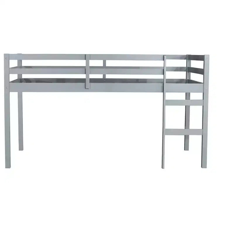 Lit mezzanine double en bois massif avec échelle, plateforme de lit à lattes renforcées, gris