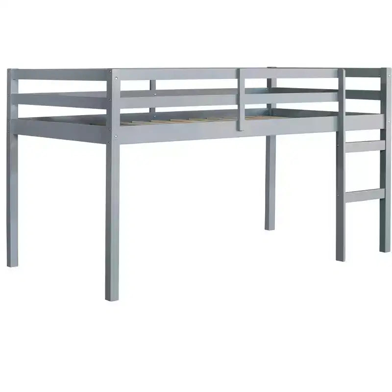 Lit mezzanine double en bois massif avec échelle, plateforme de lit à lattes renforcées, gris