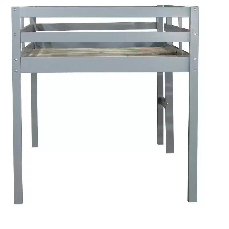 Lit mezzanine double en bois massif avec échelle, plateforme de lit à lattes renforcées, gris