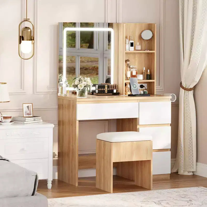Coiffeuse avec miroir et lumière LED, Coiffeuse avec 4 tiroirs, prise de courant, tabouret de rangement, étagères de rangement et support pour sèche-cheveux