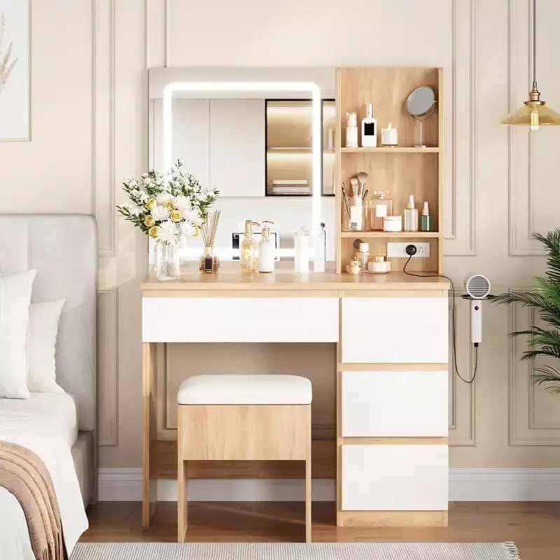 Coiffeuse avec miroir et lumière LED, Coiffeuse avec 4 tiroirs, prise de courant, tabouret de rangement, étagères de rangement et support pour sèche-cheveux