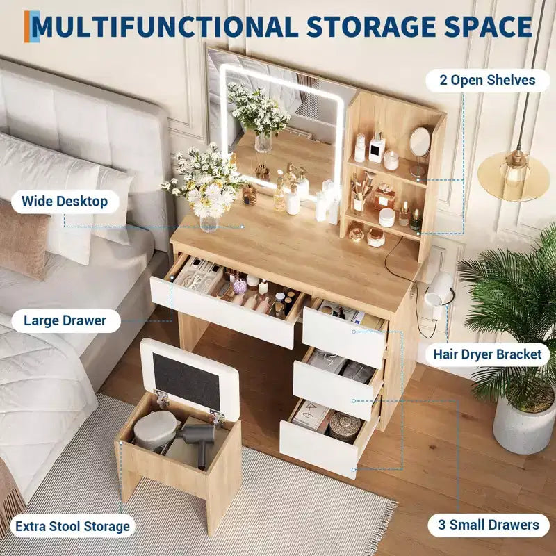 Coiffeuse avec miroir et lumière LED, Coiffeuse avec 4 tiroirs, prise de courant, tabouret de rangement, étagères de rangement et support pour sèche-cheveux