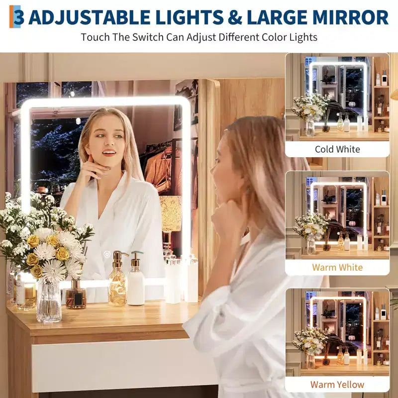 Coiffeuse avec miroir et lumière LED, Coiffeuse avec 4 tiroirs, prise de courant, tabouret de rangement, étagères de rangement et support pour sèche-cheveux