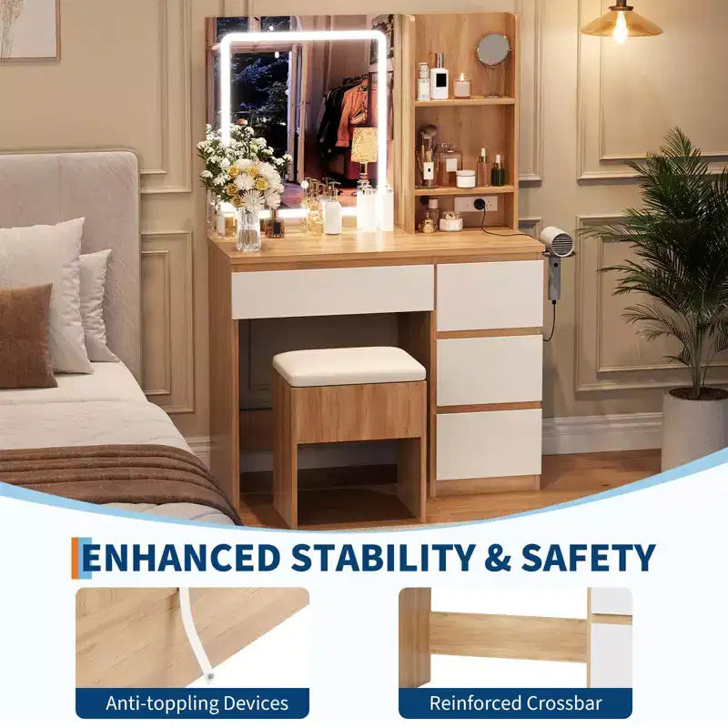 Coiffeuse avec miroir et lumière LED, Coiffeuse avec 4 tiroirs, prise de courant, tabouret de rangement, étagères de rangement et support pour sèche-cheveux