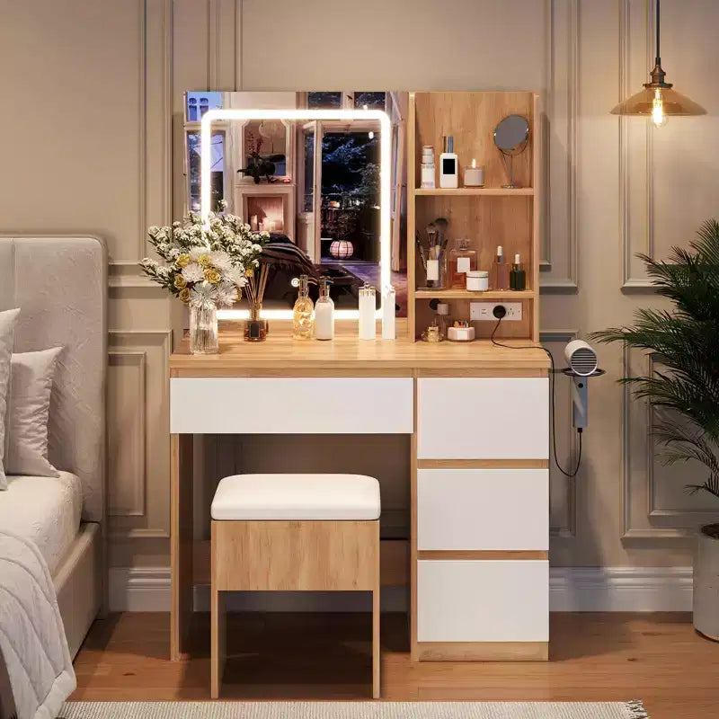 Coiffeuse avec miroir et lumière LED, Coiffeuse avec 4 tiroirs, prise de courant, tabouret de rangement, étagères de rangement et support pour sèche-cheveux