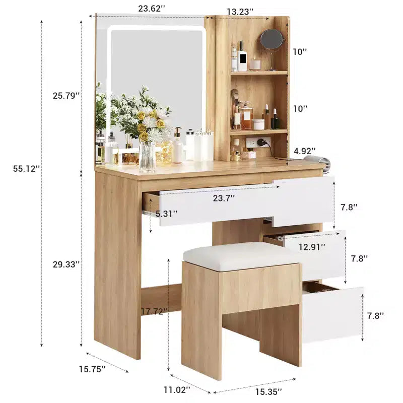 Coiffeuse avec miroir et lumière LED, Coiffeuse avec 4 tiroirs, prise de courant, tabouret de rangement, étagères de rangement et support pour sèche-cheveux