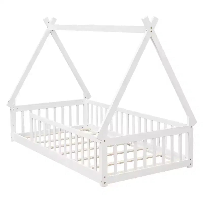 Lit de sol double en forme de tente avec barrières de sécurité blanches