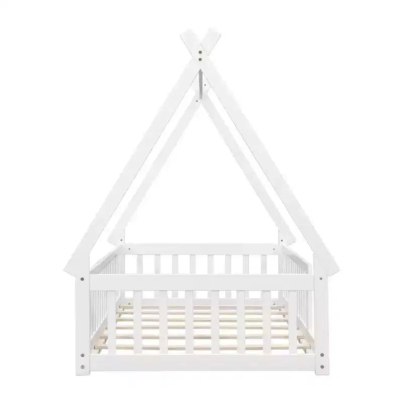 Lit de sol double en forme de tente avec barrières de sécurité blanches