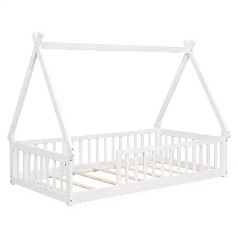 Lit de sol double en forme de tente avec barrières de sécurité blanches