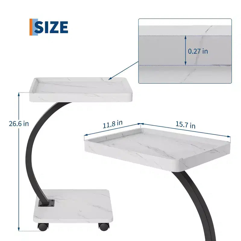 Table d'appoint avec roulettes, Table d'appoint en C pour canapé, Table plateau TV avec étagères de rangement à 2 niveaux pour petits espaces, Salon