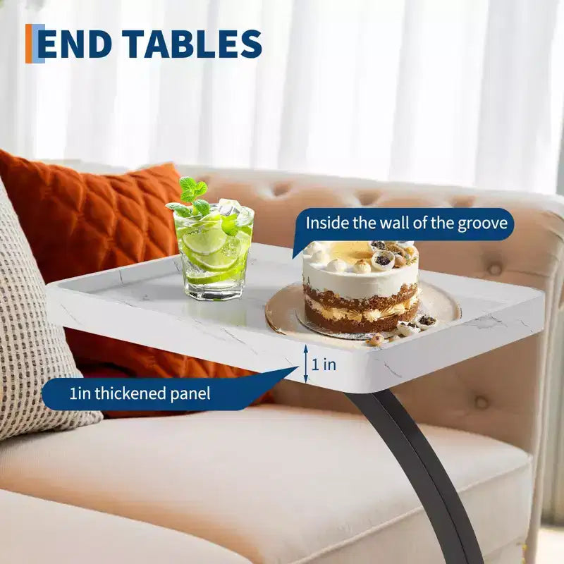 Table d'appoint avec roulettes, Table d'appoint en C pour canapé, Table plateau TV avec étagères de rangement à 2 niveaux pour petits espaces, Salon