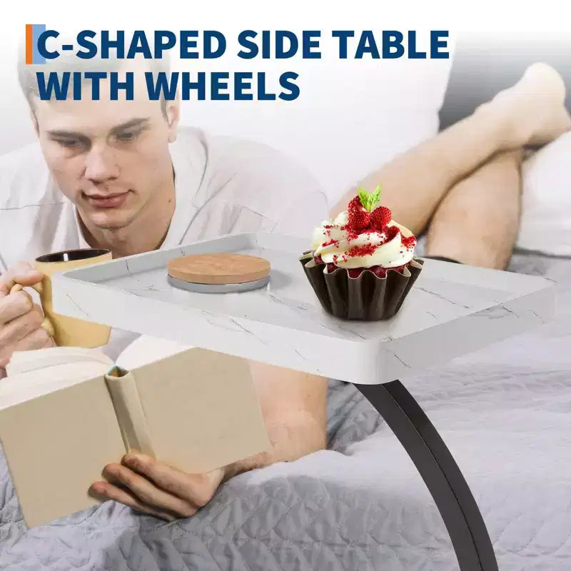 Table d'appoint avec roulettes, Table d'appoint en C pour canapé, Table plateau TV avec étagères de rangement à 2 niveaux pour petits espaces, Salon
