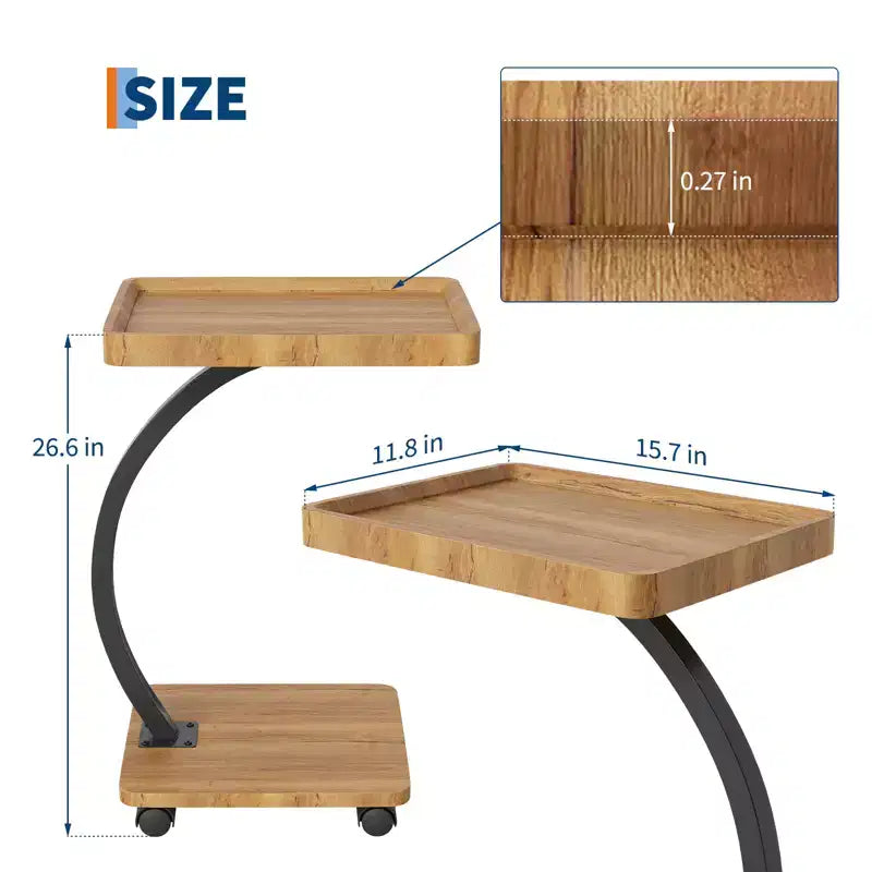 Table d'appoint avec roulettes, Table d'appoint en C pour canapé, Table plateau TV avec étagères de rangement à 2 niveaux pour petits espaces, Salon