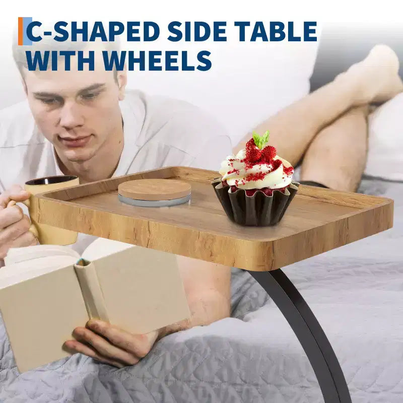 Table d'appoint avec roulettes, Table d'appoint en C pour canapé, Table plateau TV avec étagères de rangement à 2 niveaux pour petits espaces, Salon
