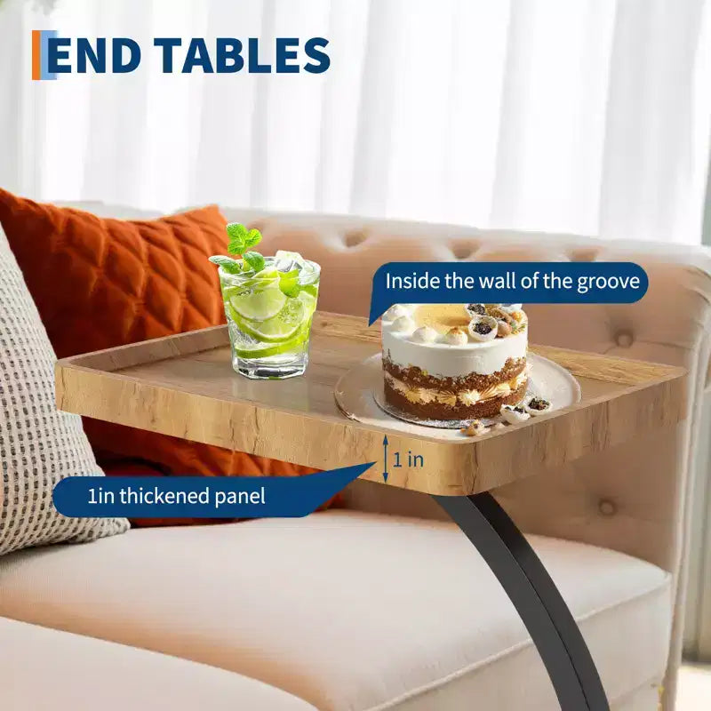 Table d'appoint avec roulettes, Table d'appoint en C pour canapé, Table plateau TV avec étagères de rangement à 2 niveaux pour petits espaces, Salon