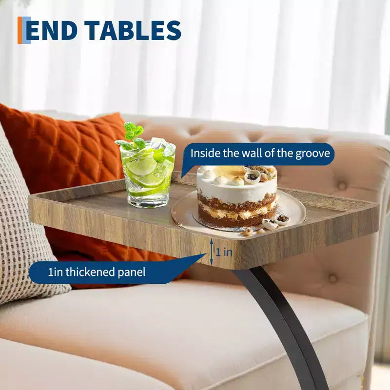 Table d'appoint avec roulettes, Table d'appoint en C pour canapé, Table plateau TV avec étagères de rangement à 2 niveaux pour petits espaces, Salon