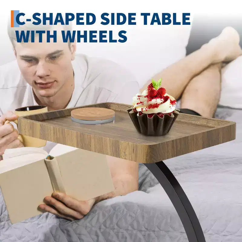 Table d'appoint avec roulettes, Table d'appoint en C pour canapé, Table plateau TV avec étagères de rangement à 2 niveaux pour petits espaces, Salon
