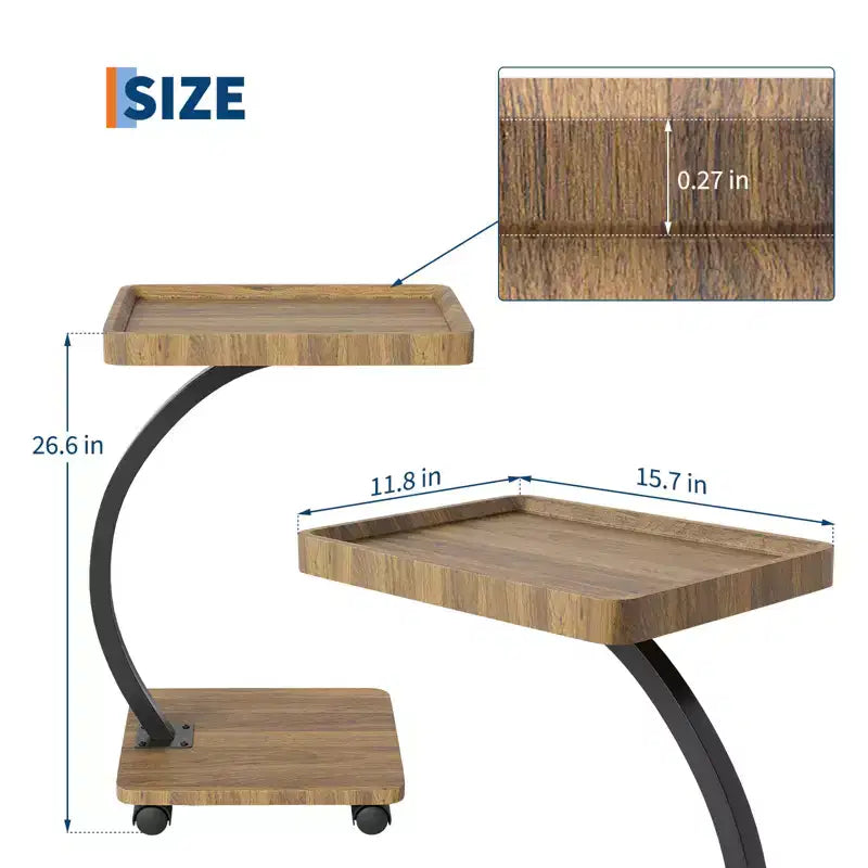 Table d'appoint avec roulettes, Table d'appoint en C pour canapé, Table plateau TV avec étagères de rangement à 2 niveaux pour petits espaces, Salon