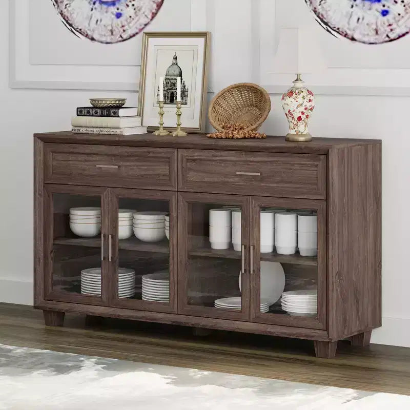 Buffet en bois avec portes vitrées et tiroirs - Meuble de rangement multi-pièces pour salle à manger/salon