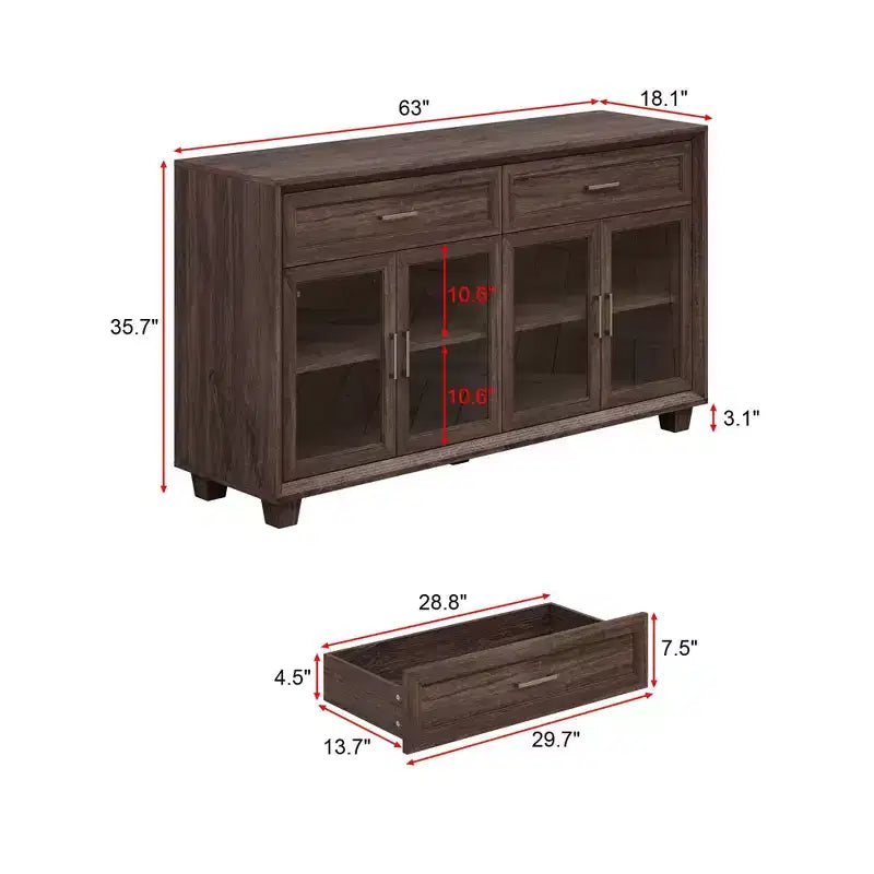 Buffet en bois avec portes vitrées et tiroirs - Meuble de rangement multi-pièces pour salle à manger/salon
