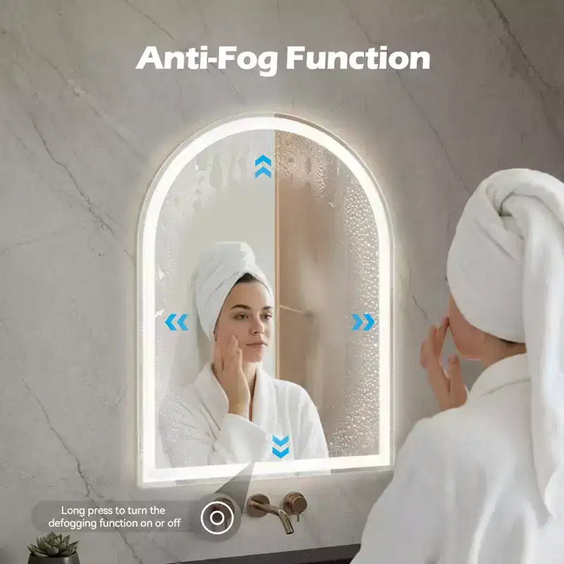 Miroir de salle de bain LED anti-buée avec cadre, 3 couleurs de lumière et luminosité réglable pour meuble-lavabo