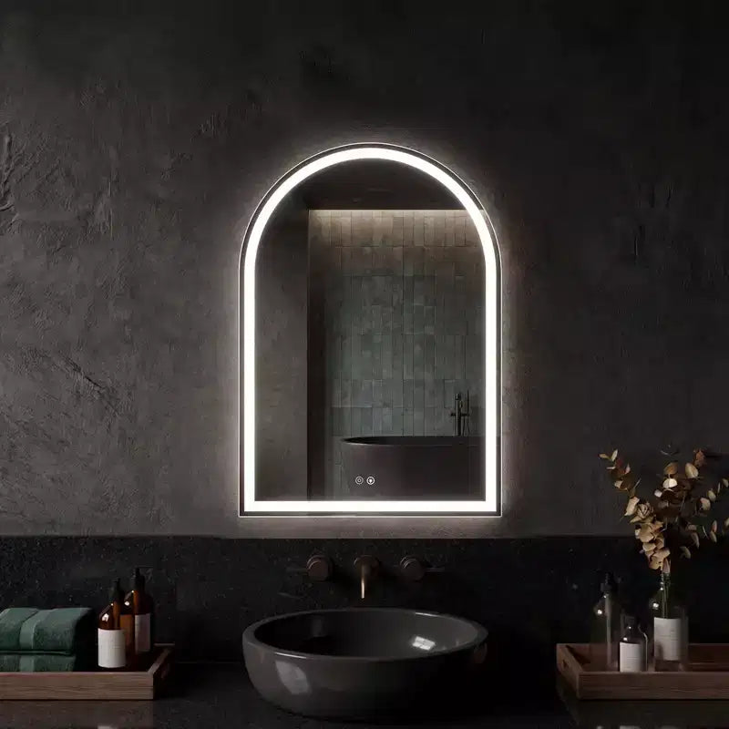 Miroir de salle de bain LED anti-buée avec cadre, 3 couleurs de lumière et luminosité réglable pour meuble-lavabo