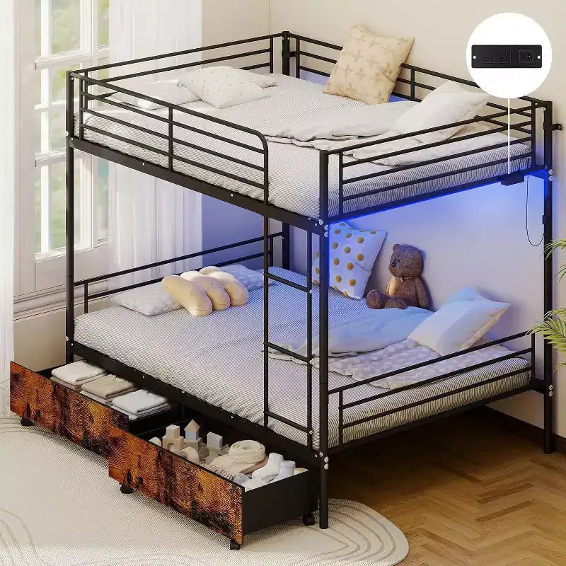 Zevemomo Full Over Full Convertible Bunk Bed with 2 Storage Drawers, USB Charging Station, LED Light, No Box Spring Needed, Metal, Black