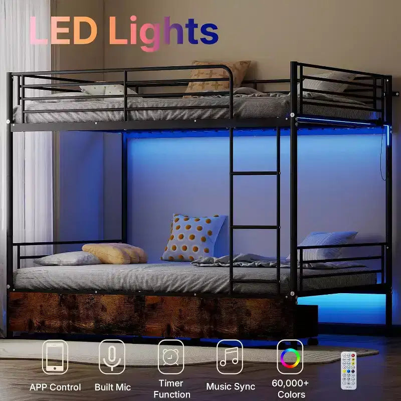Lit superposé convertible double sur double avec 2 tiroirs de rangement, station de recharge USB, lumière LED, sommier tapissier non requis, métal, noir