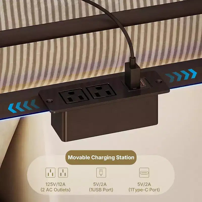 Lit superposé convertible double sur double avec 2 tiroirs de rangement, station de recharge USB, lumière LED, sommier tapissier non requis, métal, noir