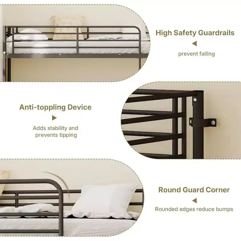 Lit superposé convertible double sur double avec 2 tiroirs de rangement, station de recharge USB, lumière LED, sommier tapissier non requis, métal, noir