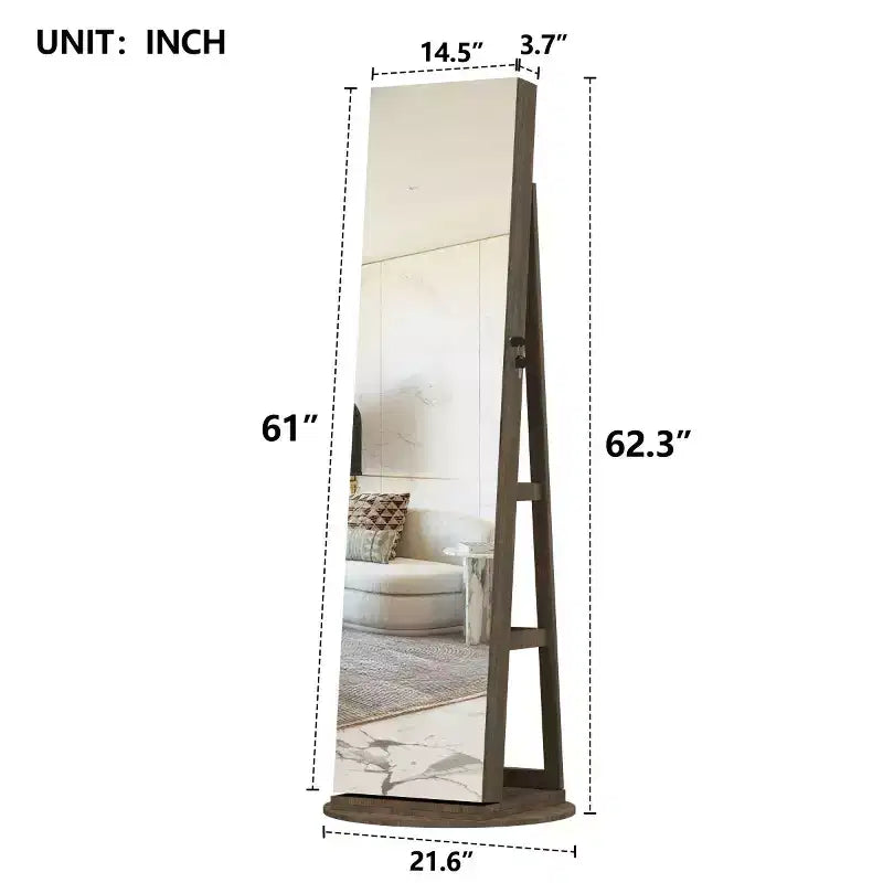 Meuble à bijoux pivotant à 360° avec miroir pleine longueur, miroir de sol rotatif, armoire organisatrice autoportante pleine longueur
