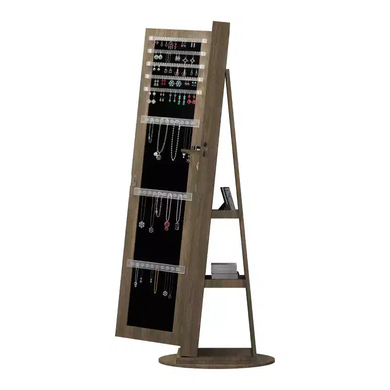 Meuble à bijoux pivotant à 360° avec miroir pleine longueur, miroir de sol rotatif, armoire organisatrice autoportante pleine longueur
