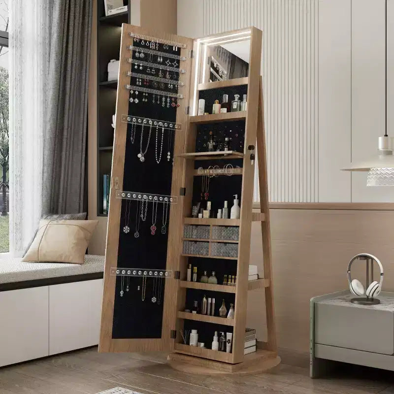 Meuble à bijoux pivotant à 360° avec miroir pleine longueur, miroir de sol rotatif, armoire organisatrice autoportante pleine longueur