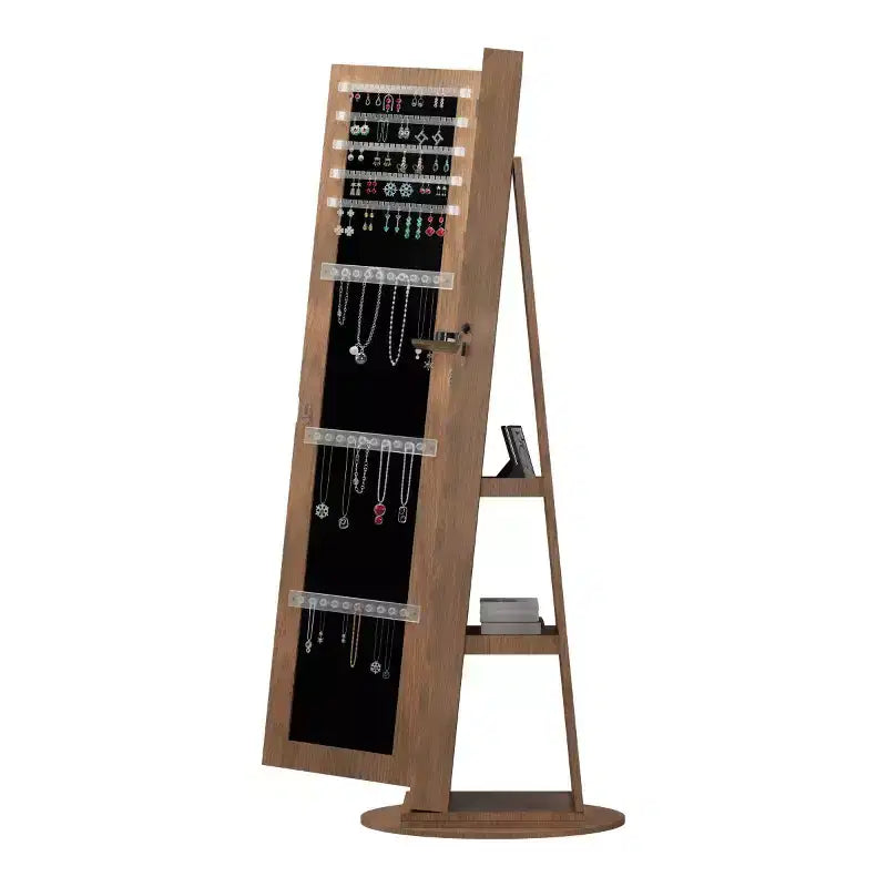 Meuble à bijoux pivotant à 360° avec miroir pleine longueur, miroir de sol rotatif, armoire organisatrice autoportante pleine longueur