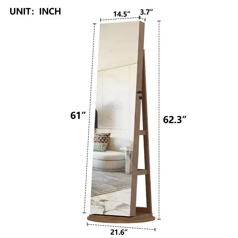 Meuble à bijoux pivotant à 360° avec miroir pleine longueur, miroir de sol rotatif, armoire organisatrice autoportante pleine longueur