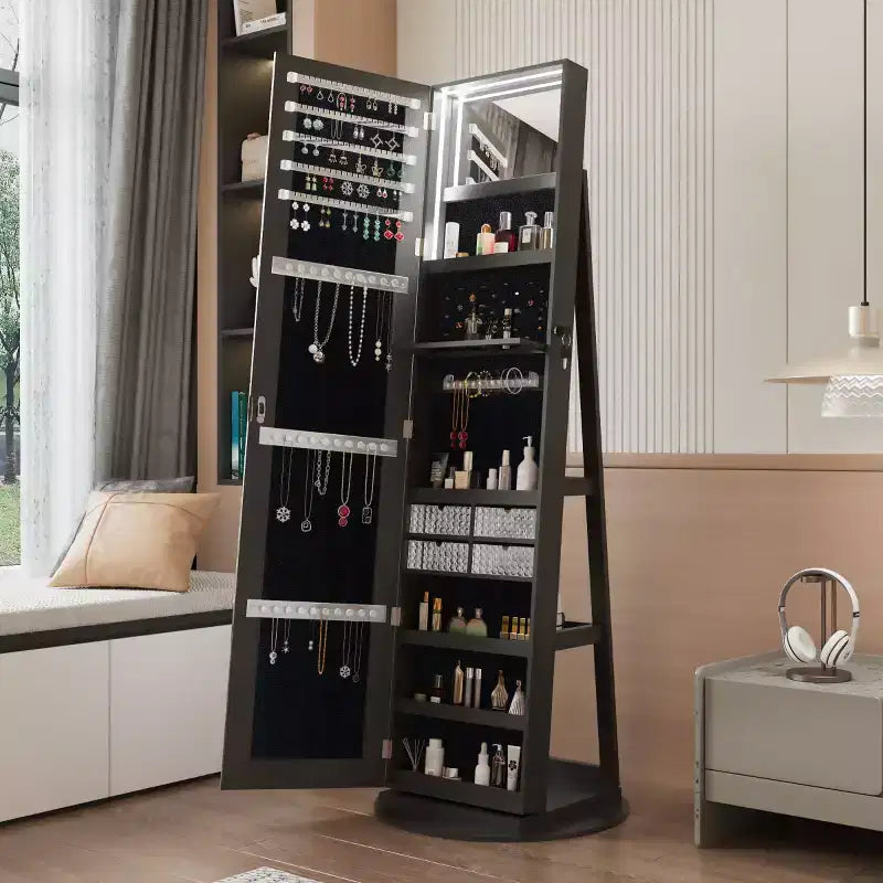 Meuble à bijoux pivotant à 360° avec miroir pleine longueur, miroir de sol rotatif, armoire organisatrice autoportante pleine longueur