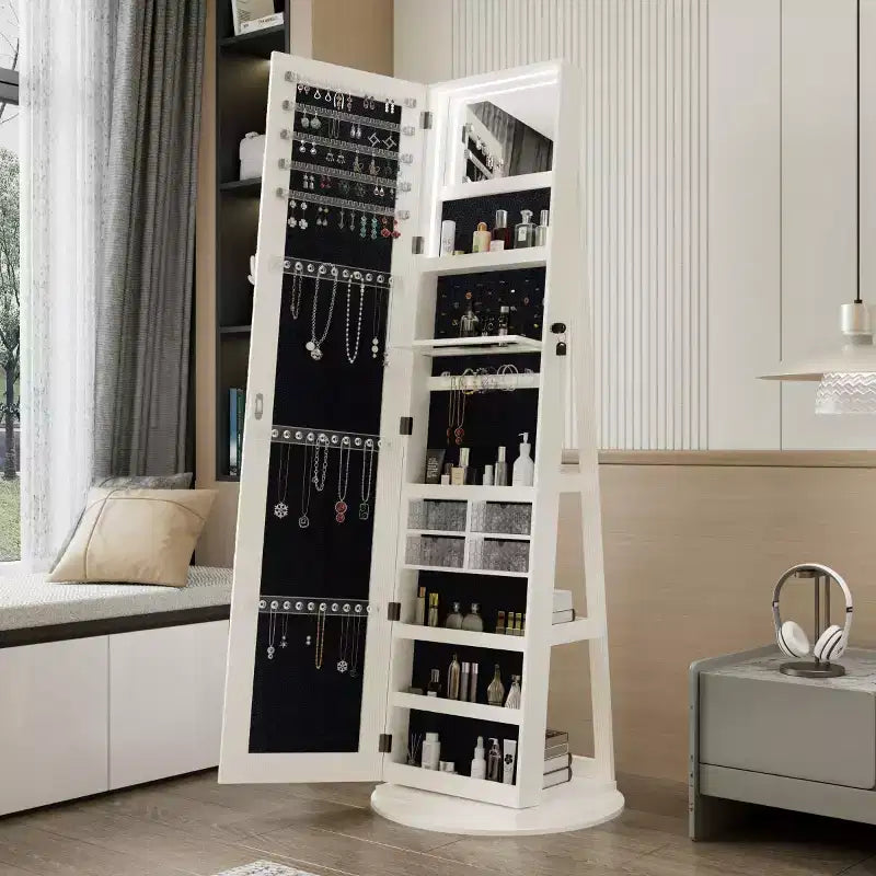 Meuble à bijoux pivotant à 360° avec miroir pleine longueur, miroir de sol rotatif, armoire organisatrice autoportante pleine longueur