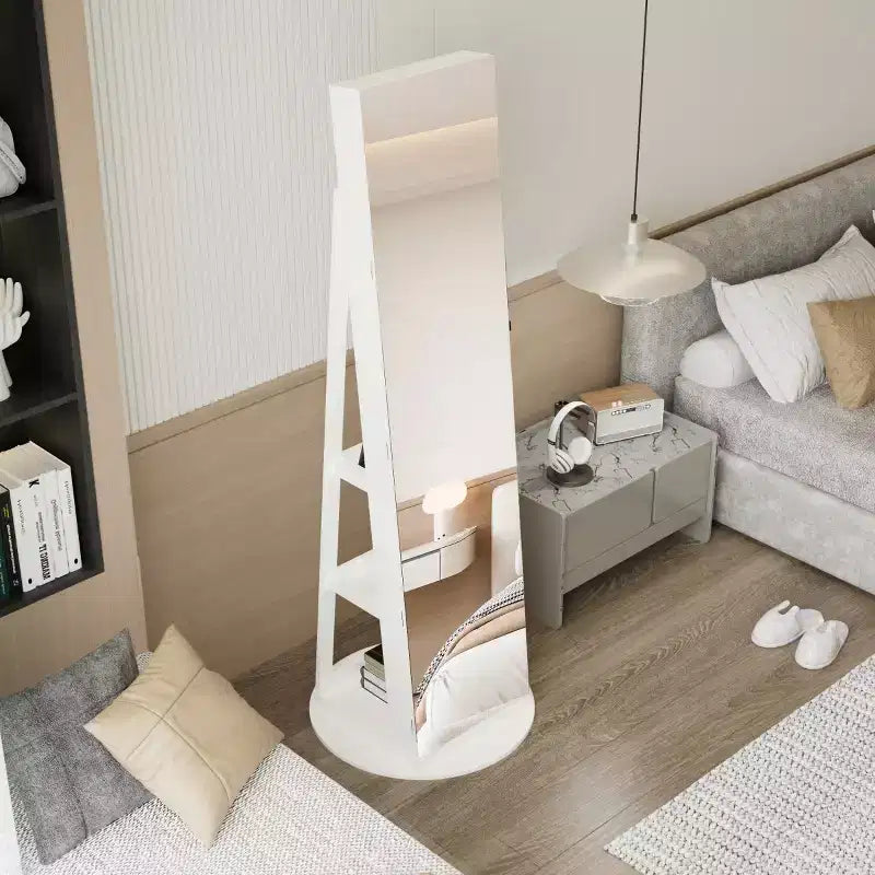 Meuble à bijoux pivotant à 360° avec miroir pleine longueur, miroir de sol rotatif, armoire organisatrice autoportante pleine longueur