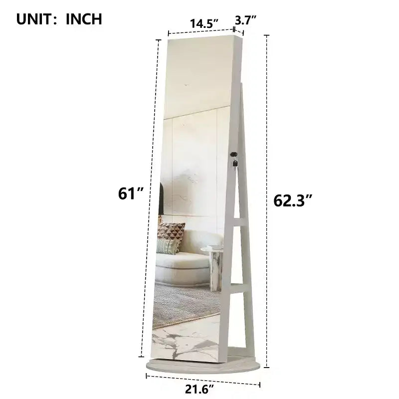 Meuble à bijoux pivotant à 360° avec miroir pleine longueur, miroir de sol rotatif, armoire organisatrice autoportante pleine longueur