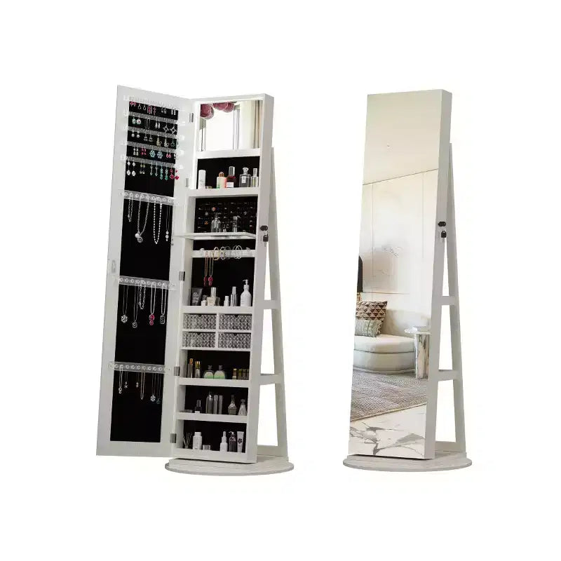 Meuble à bijoux pivotant à 360° avec miroir pleine longueur, miroir de sol rotatif, armoire organisatrice autoportante pleine longueur