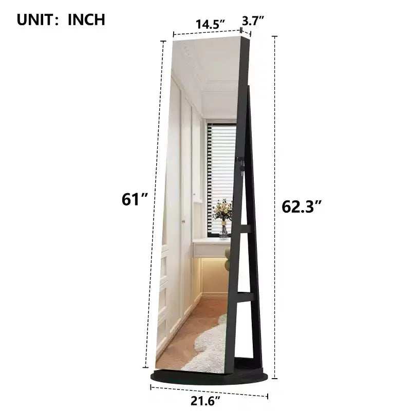 Meuble à bijoux pivotant à 360° avec miroir pleine longueur, miroir de sol rotatif, armoire organisatrice autoportante pleine longueur