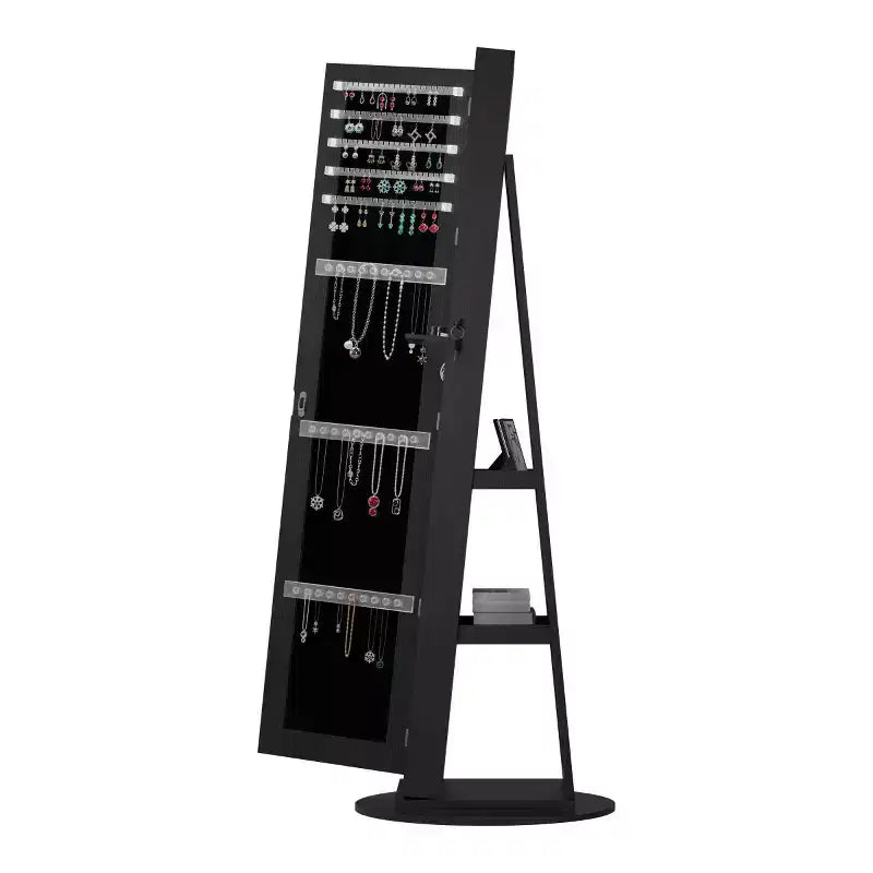 Meuble à bijoux pivotant à 360° avec miroir pleine longueur, miroir de sol rotatif, armoire organisatrice autoportante pleine longueur
