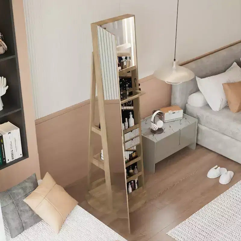 Meuble à bijoux pivotant à 360° avec miroir pleine longueur, miroir de sol rotatif, armoire organisatrice autoportante pleine longueur