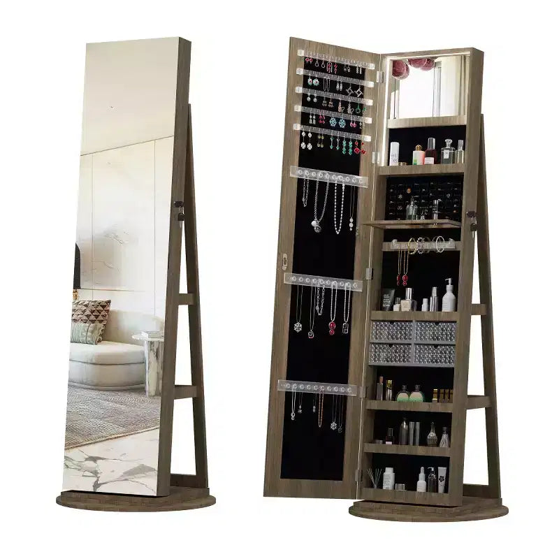 Meuble à bijoux pivotant à 360° avec miroir pleine longueur, miroir de sol rotatif, armoire organisatrice autoportante pleine longueur