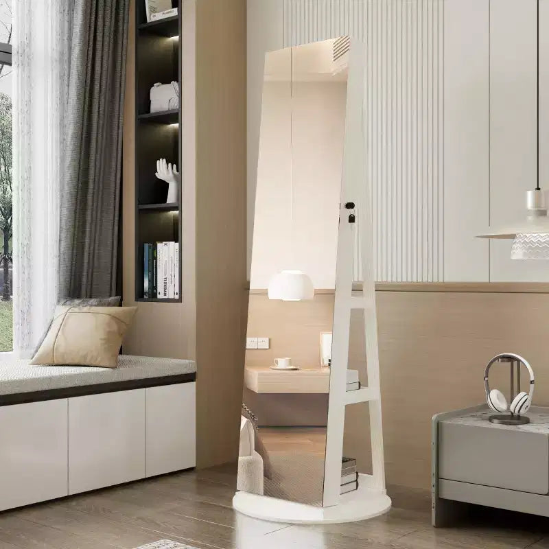 Meuble à bijoux pivotant à 360° avec miroir pleine longueur, miroir de sol rotatif, armoire organisatrice autoportante pleine longueur