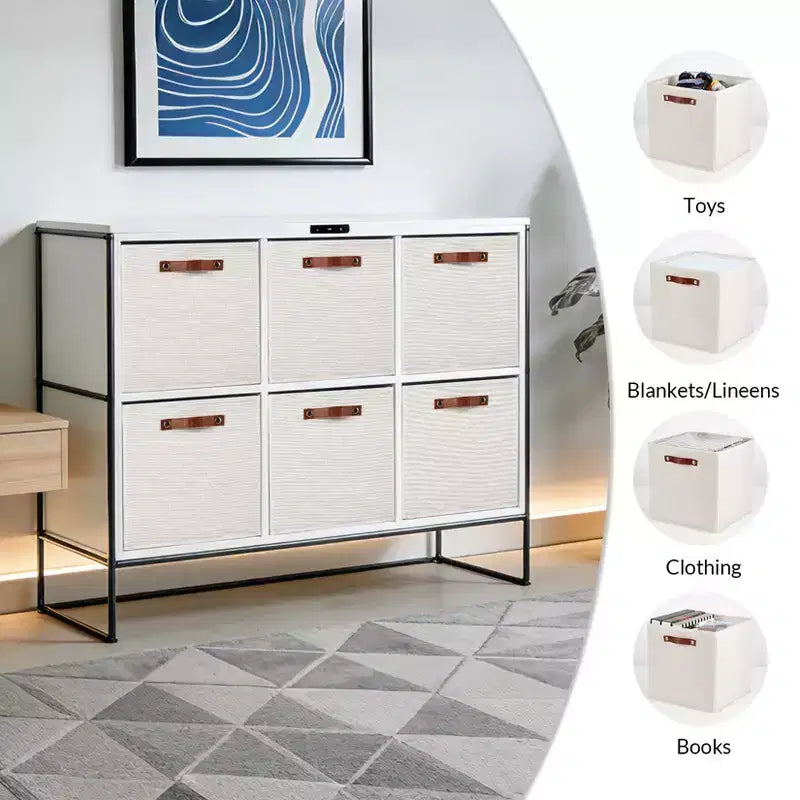 Lot de 6 bacs de rangement en lin de 28 cm avec poignées en cuir, paniers cubes pliables à ouverture frontale pour étagères de placard