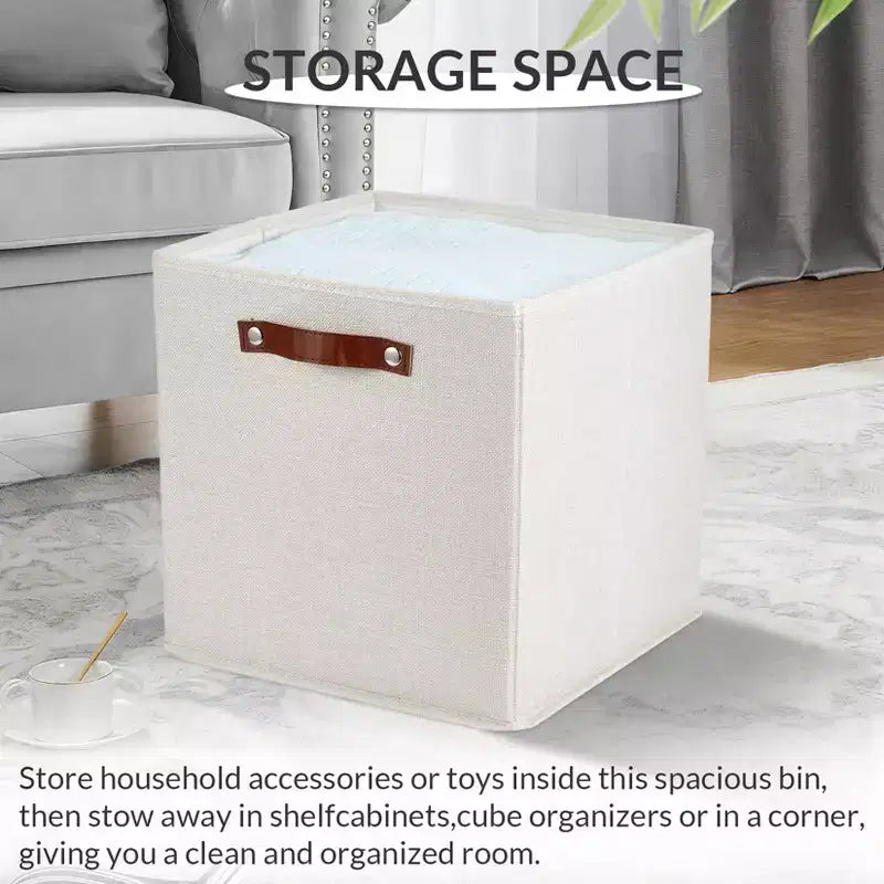 Lot de 6 bacs de rangement en lin de 28 cm avec poignées en cuir, paniers cubes pliables à ouverture frontale pour étagères de placard