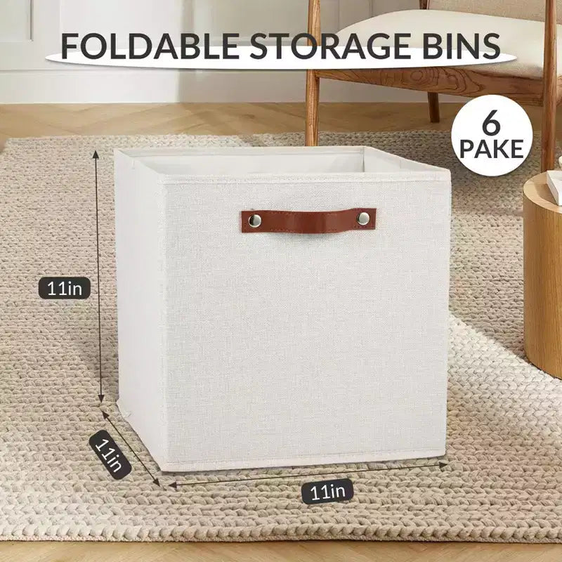 Lot de 6 bacs de rangement en lin de 28 cm avec poignées en cuir, paniers cubes pliables à ouverture frontale pour étagères de placard