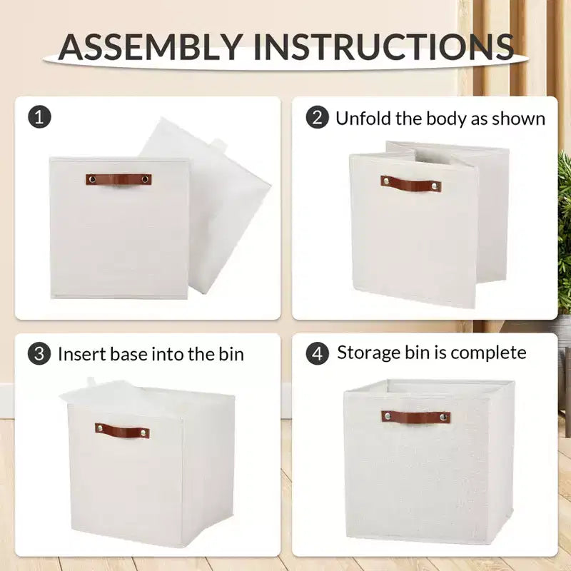 Lot de 6 bacs de rangement en lin de 28 cm avec poignées en cuir, paniers cubes pliables à ouverture frontale pour étagères de placard