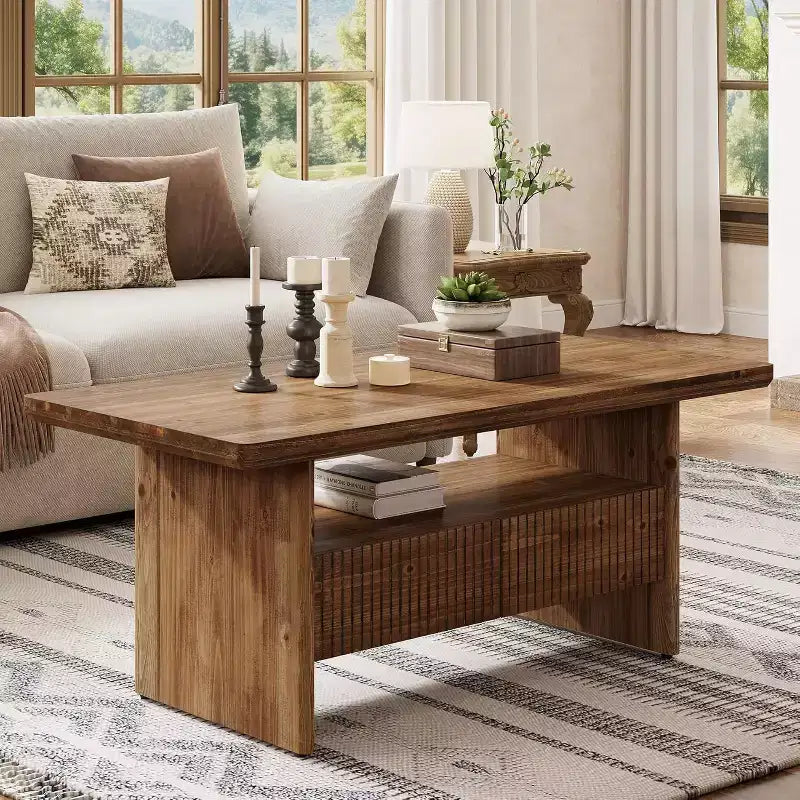 Table basse en bois massif de 120 cm avec 2 tiroirs, table de centre rectangulaire rustique à 2 niveaux avec étagère ouverte pour le salon